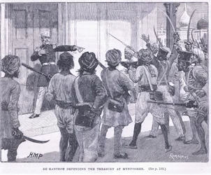 De Kantzow verteidigt die Schatzkammer in Mynpooree 1857 n. Chr.